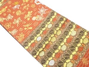 変わり横段に花・貝合わせ模様織出し袋帯